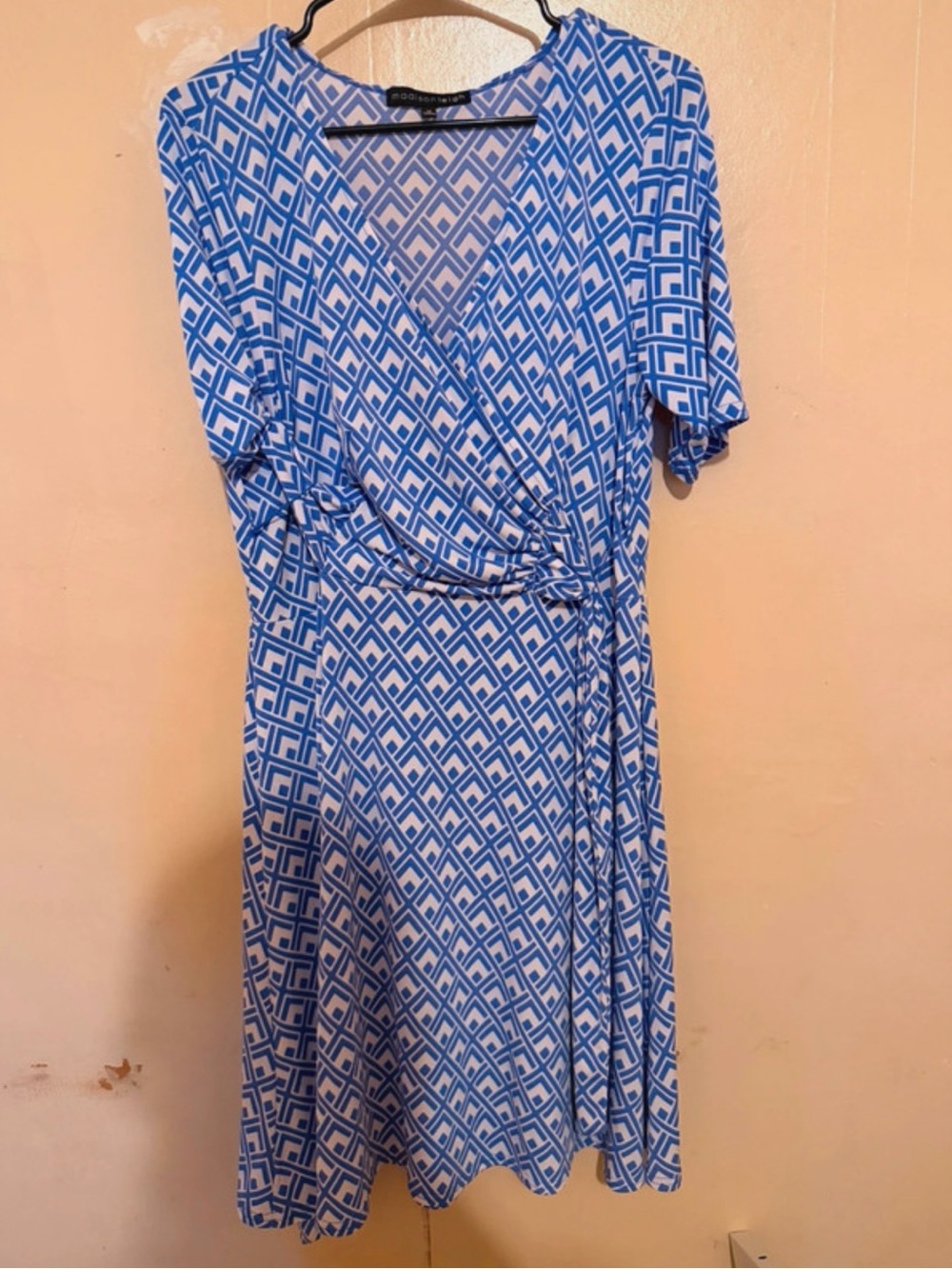 madison leigh Blue & White Geometric Wrap Dress